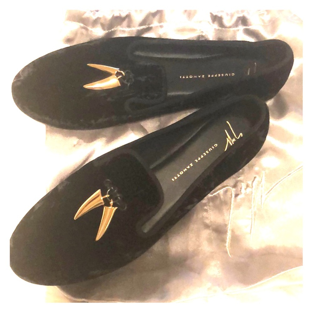 Giuseppe black velvet gold shark tooth loafers